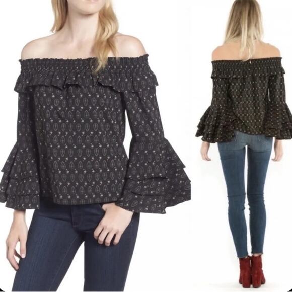 Misa Los Angeles Saskiya Black Multi Off-The-Shoulder Printed Blouse Sz XS - Picture 3 of 9